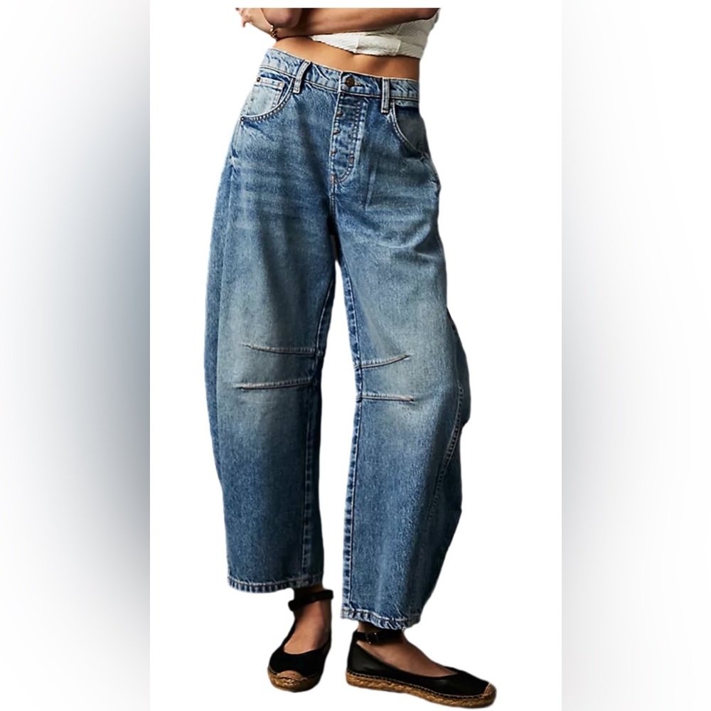 Women Loose Jeans Solid Color Mid-Rise Barrel Denim Pants Casual Trousers